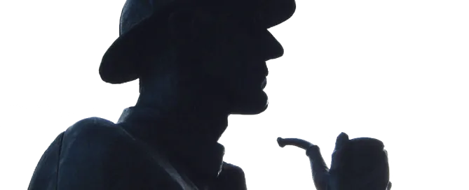 Hombre con lupa estilo detective Holmes, representando la mentalidad clave para una comunicación asertiva efectiva en la empresa.